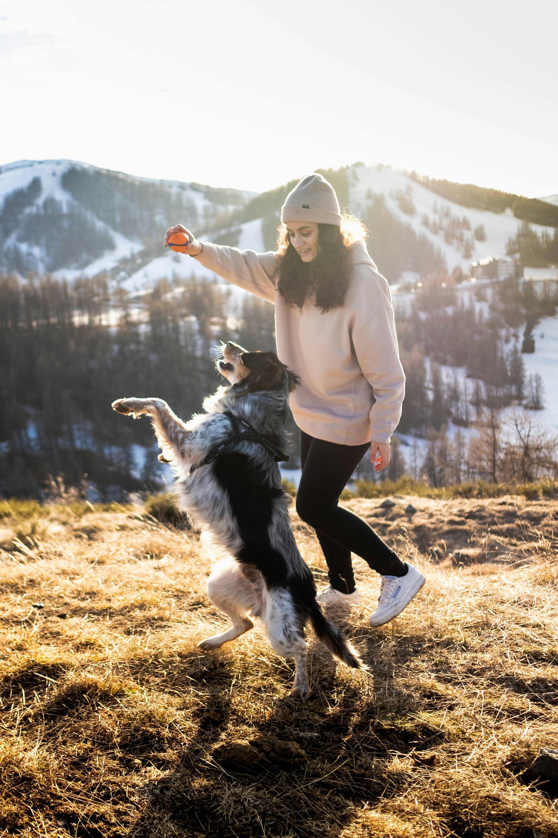 A woman is playing with her dog in a field.
