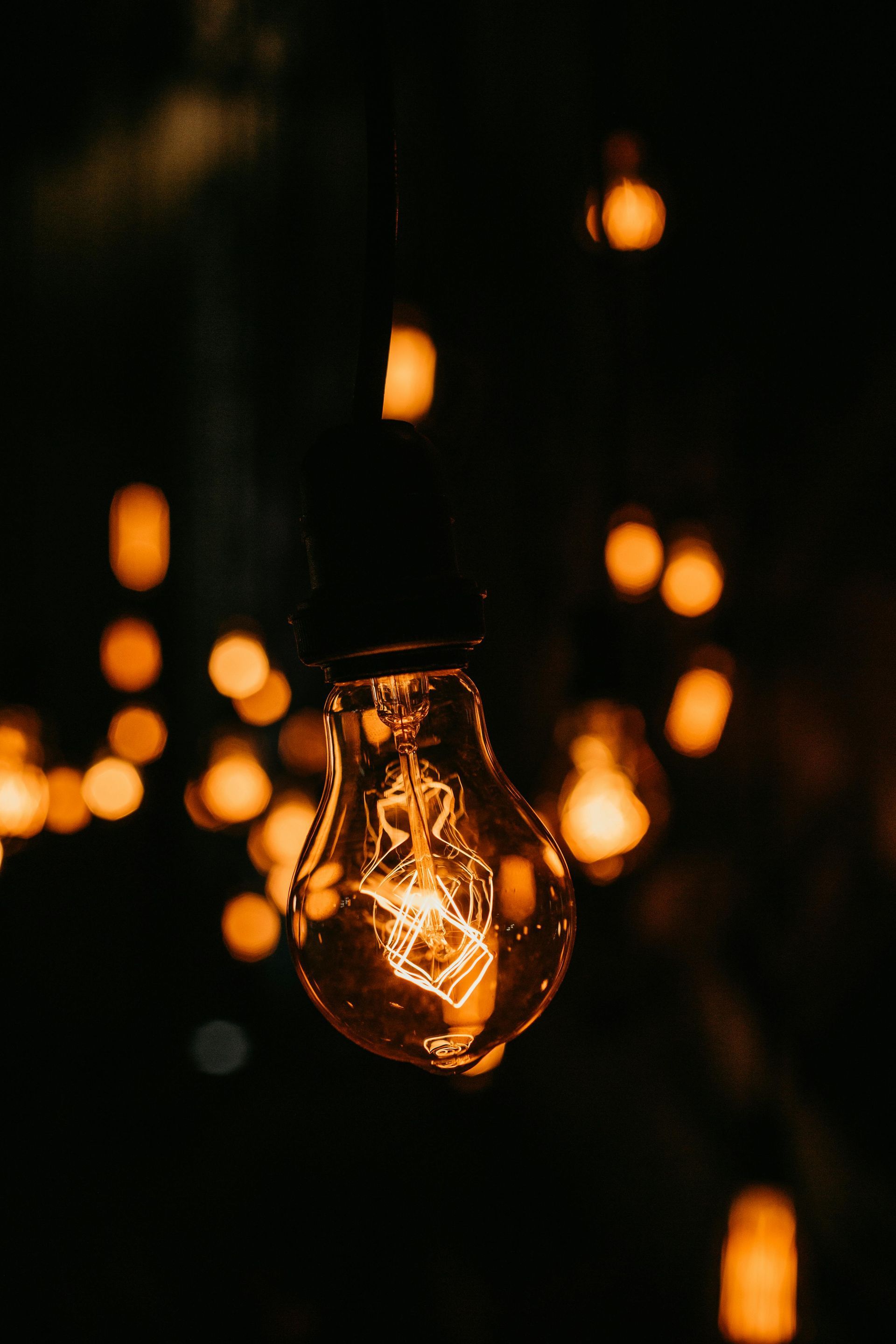 A light bulb is hanging from a string of lights in the dark.