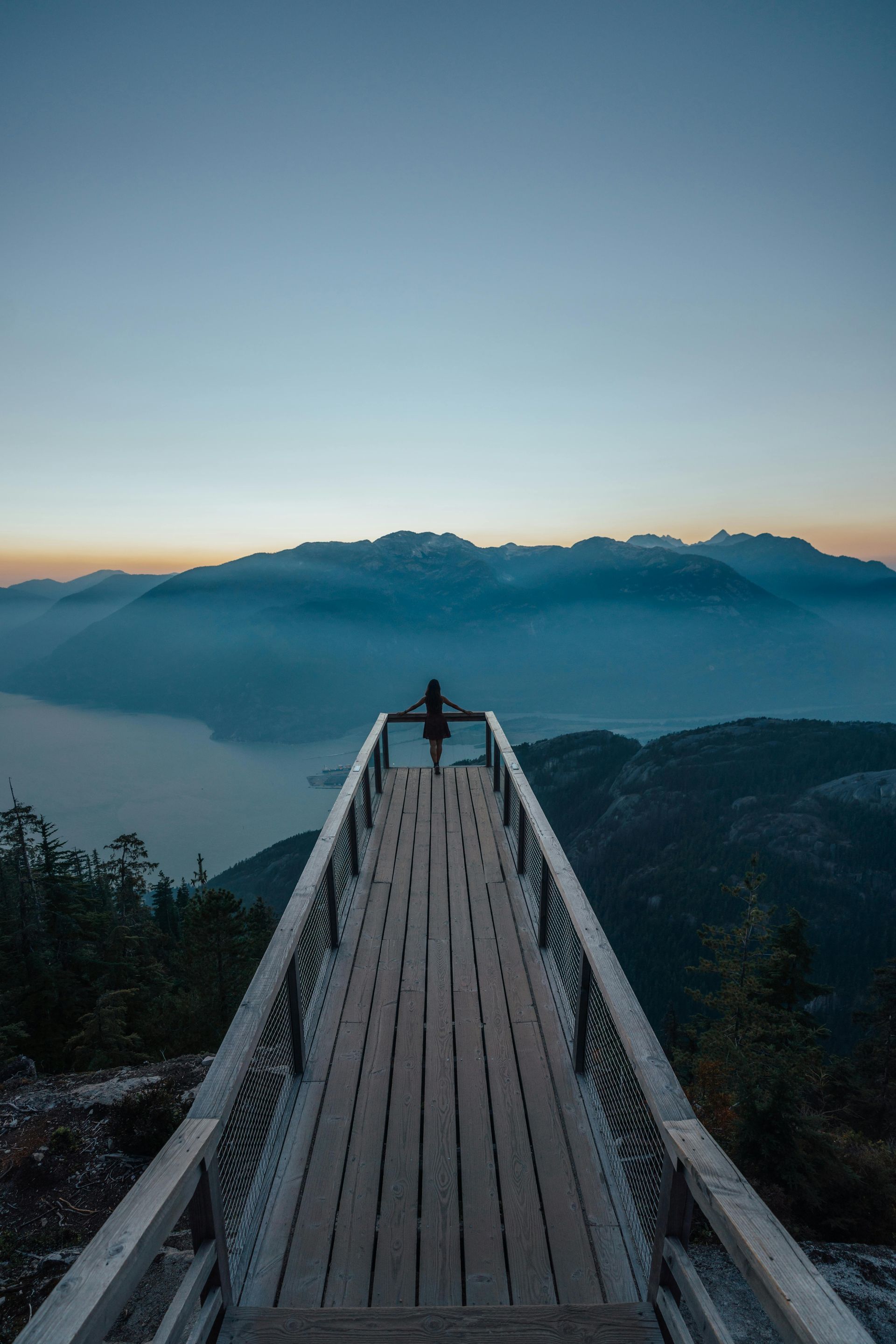 A person is standing on a wooden bridge overlooking a lake.