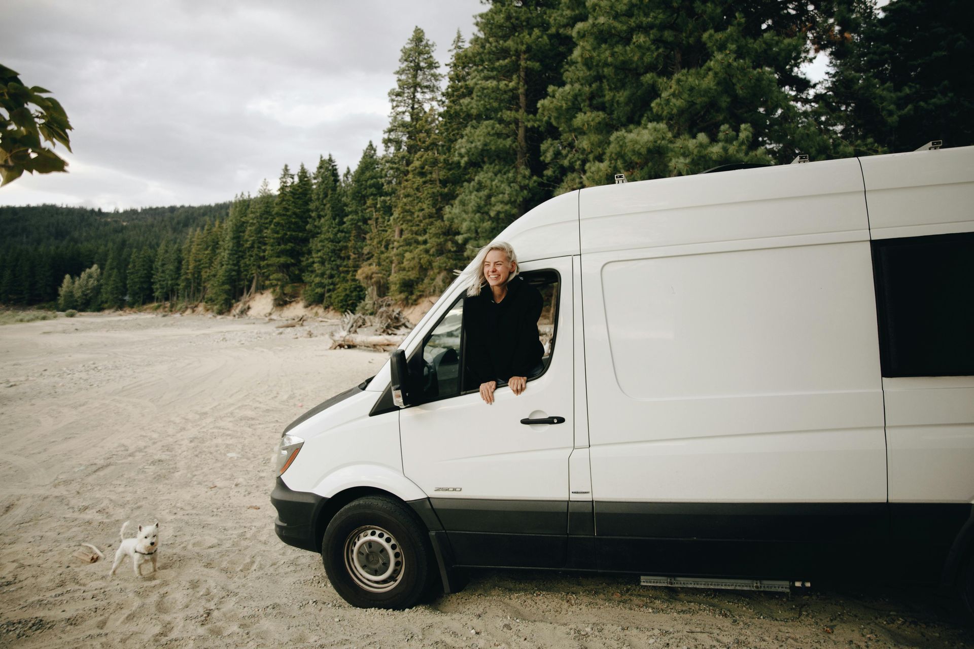 A man is sticking his head out of the window of a white van.
