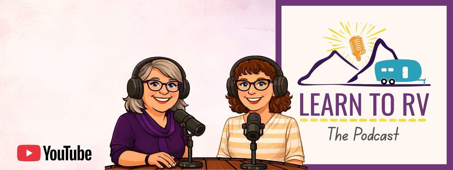 Three people with microphones, podcast logo, and website address.
