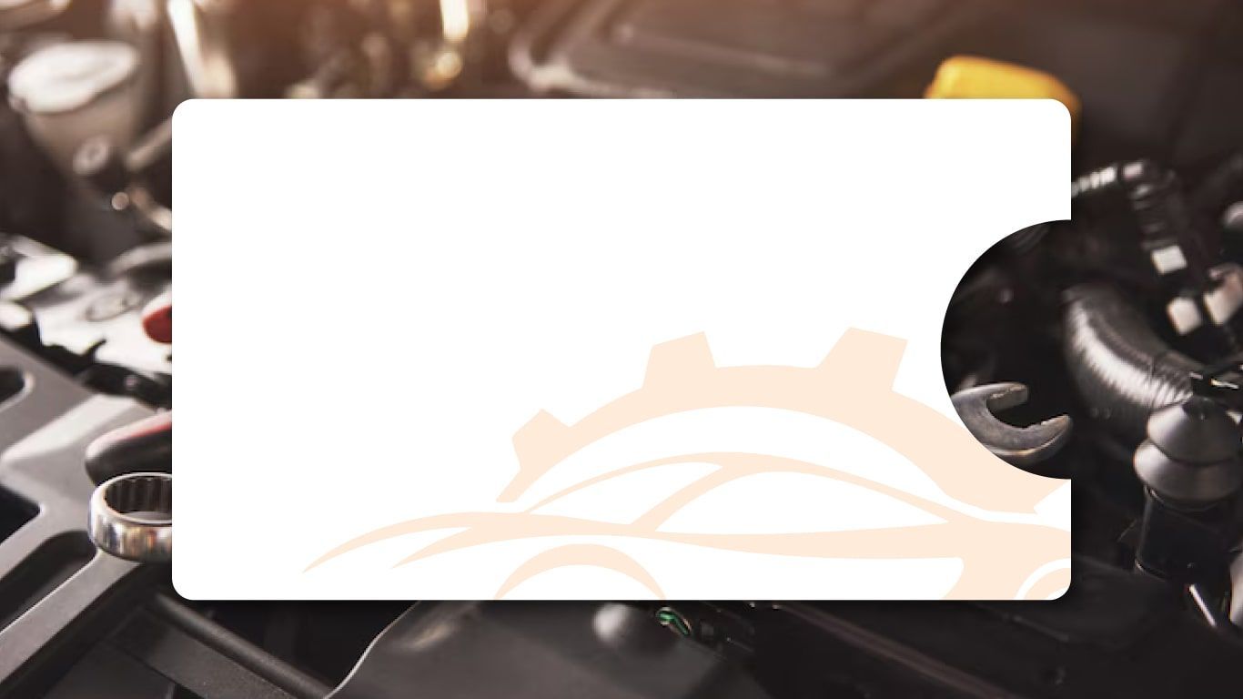 White card with gear logo on a car engine background.