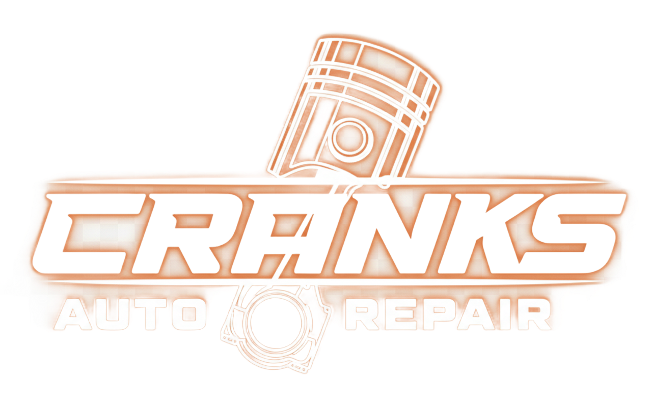 Logo for Cranks Auto Repair, featuring a piston and the word 