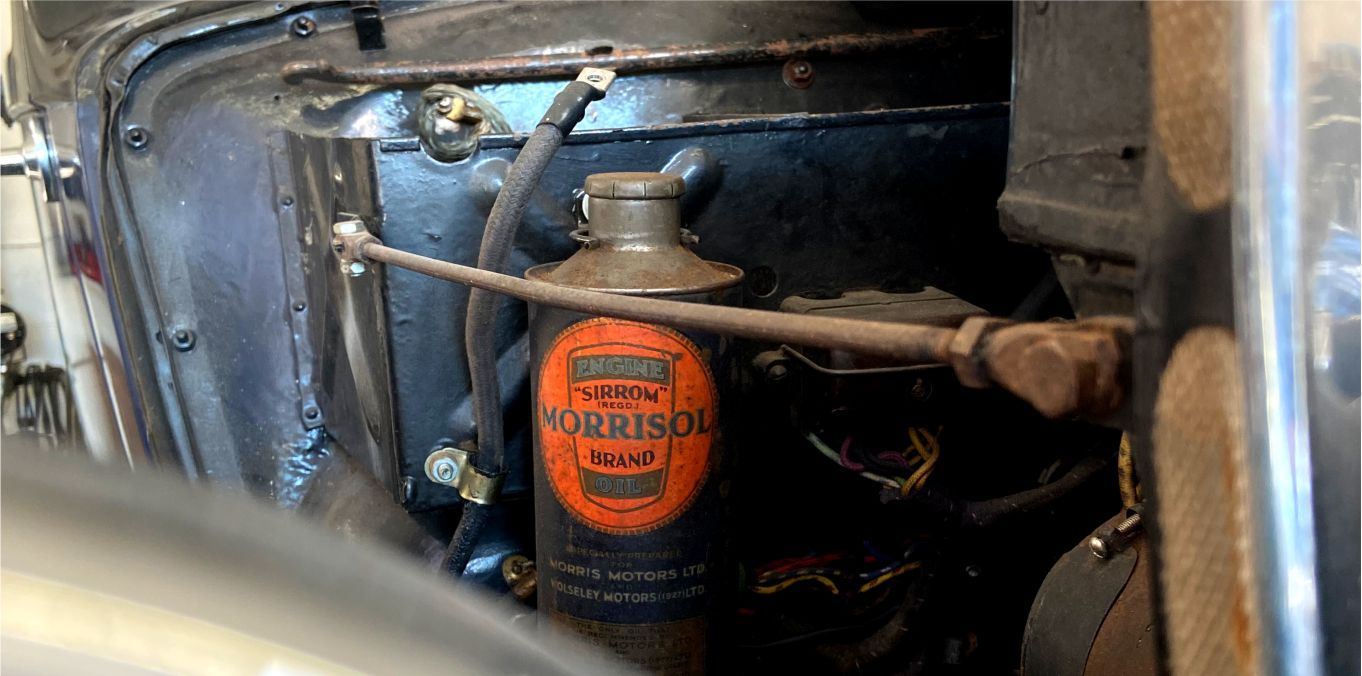 Morrisol vintage car oil cannister in prewar car engine bay