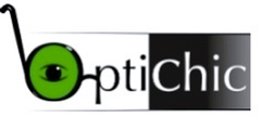 Logo OptiChic: occhiali con lenti e occhio verdi, testo su sfondo bianco e nero.
