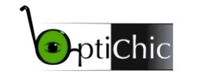 Logo OptiChic: occhiali con lenti e occhio verdi, testo su sfondo bianco e nero.