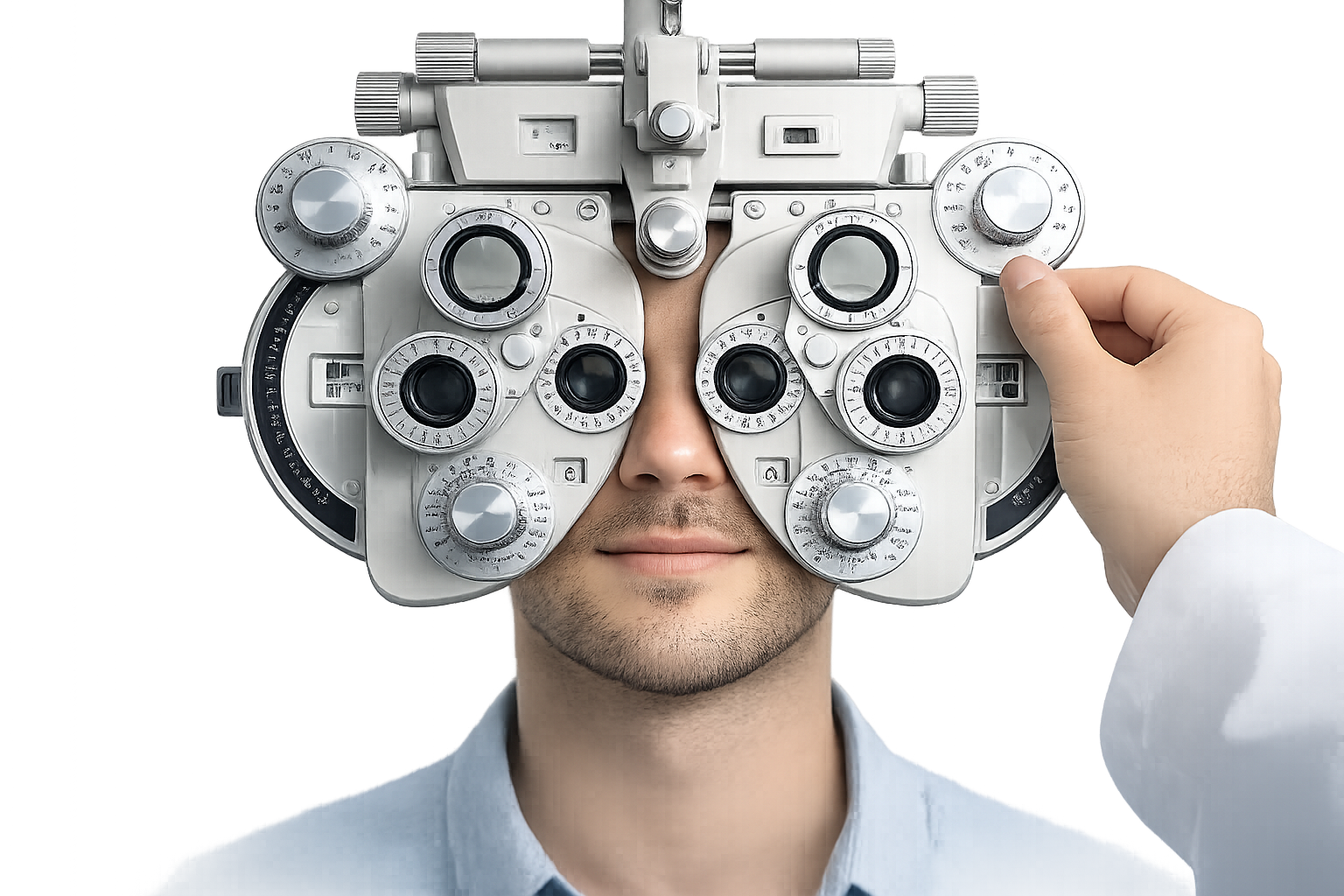 Uomo sottoposto a visita oculistica con forottero. Il medico regola il dispositivo, testando la vista.