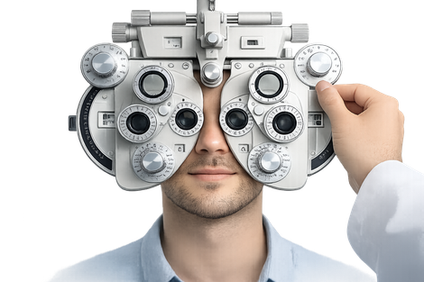 Uomo sottoposto a visita oculistica con forottero. Il medico regola il dispositivo, testando la vista.