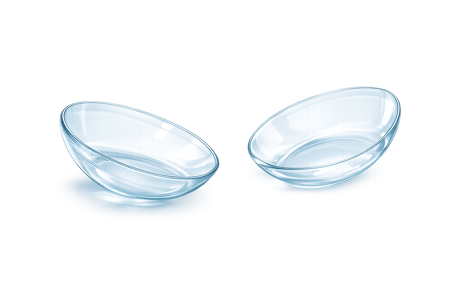 Due lenti a contatto trasparenti su una superficie bianca.