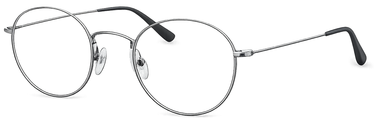 Occhiali da vista rotondi con montatura argentata su sfondo bianco. La montatura è sottile e le stanghette sono nere.