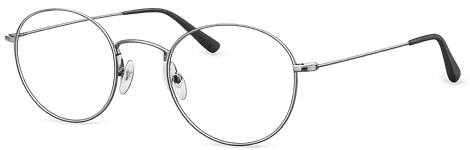 Occhiali da vista rotondi con montatura argentata su sfondo bianco. La montatura è sottile e le stanghette sono nere.