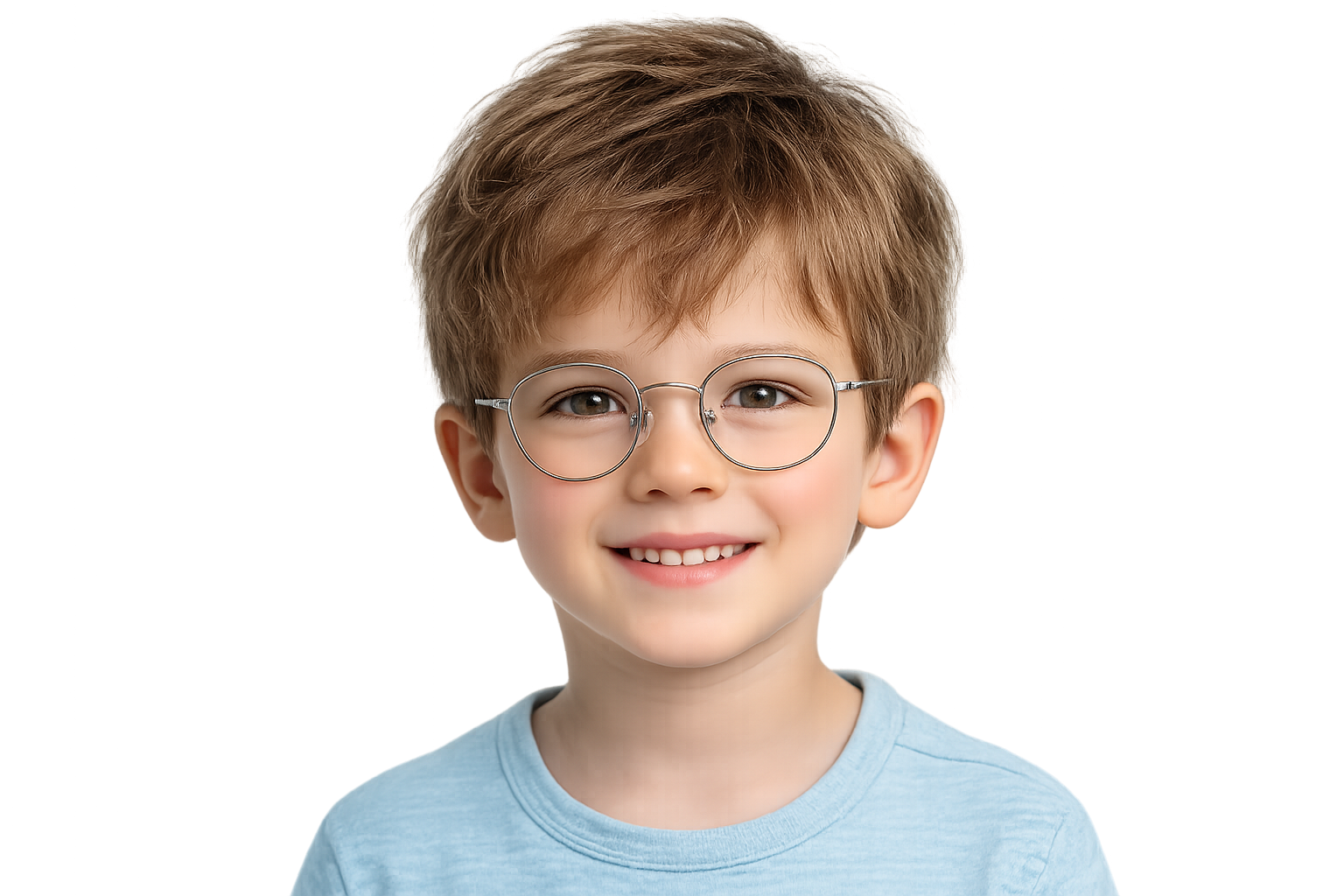 Bambino con occhiali rotondi, sorridente, maglietta azzurra.