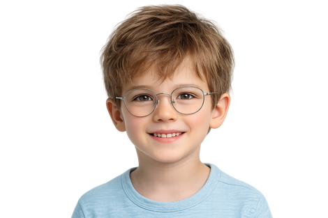 Bambino con occhiali rotondi, sorridente, maglietta azzurra.