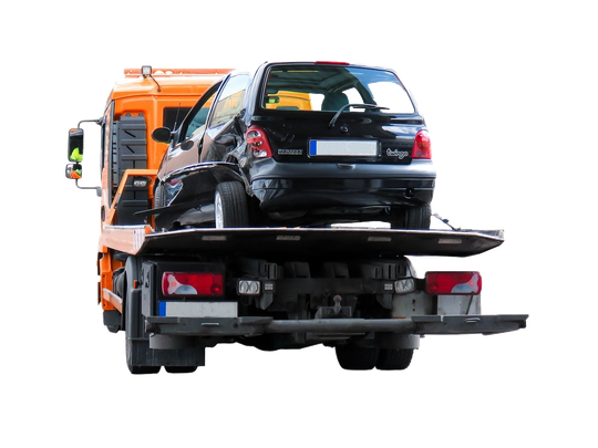 wrecked car loaded on tow truck