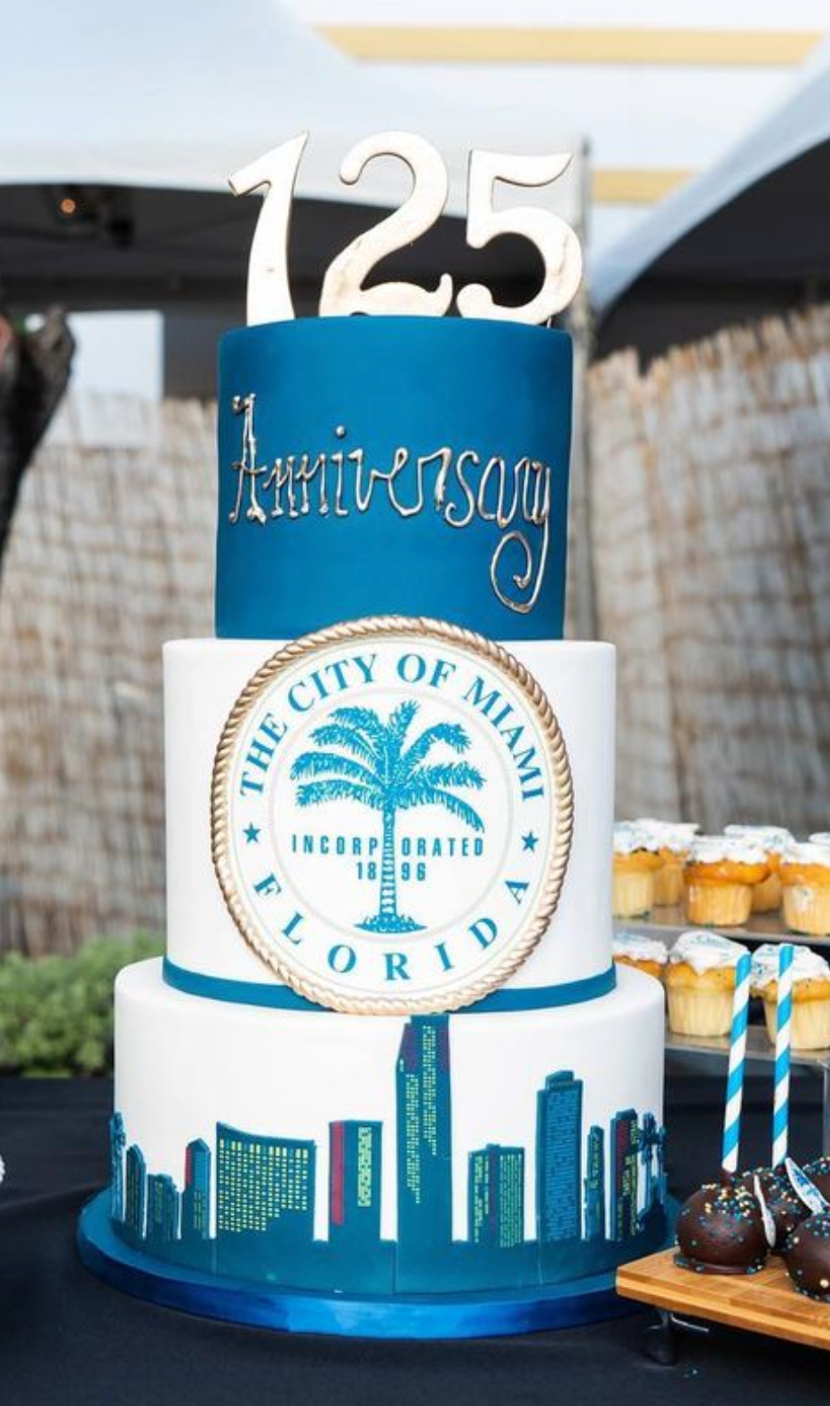 A blue and white cake with the city of miami on it