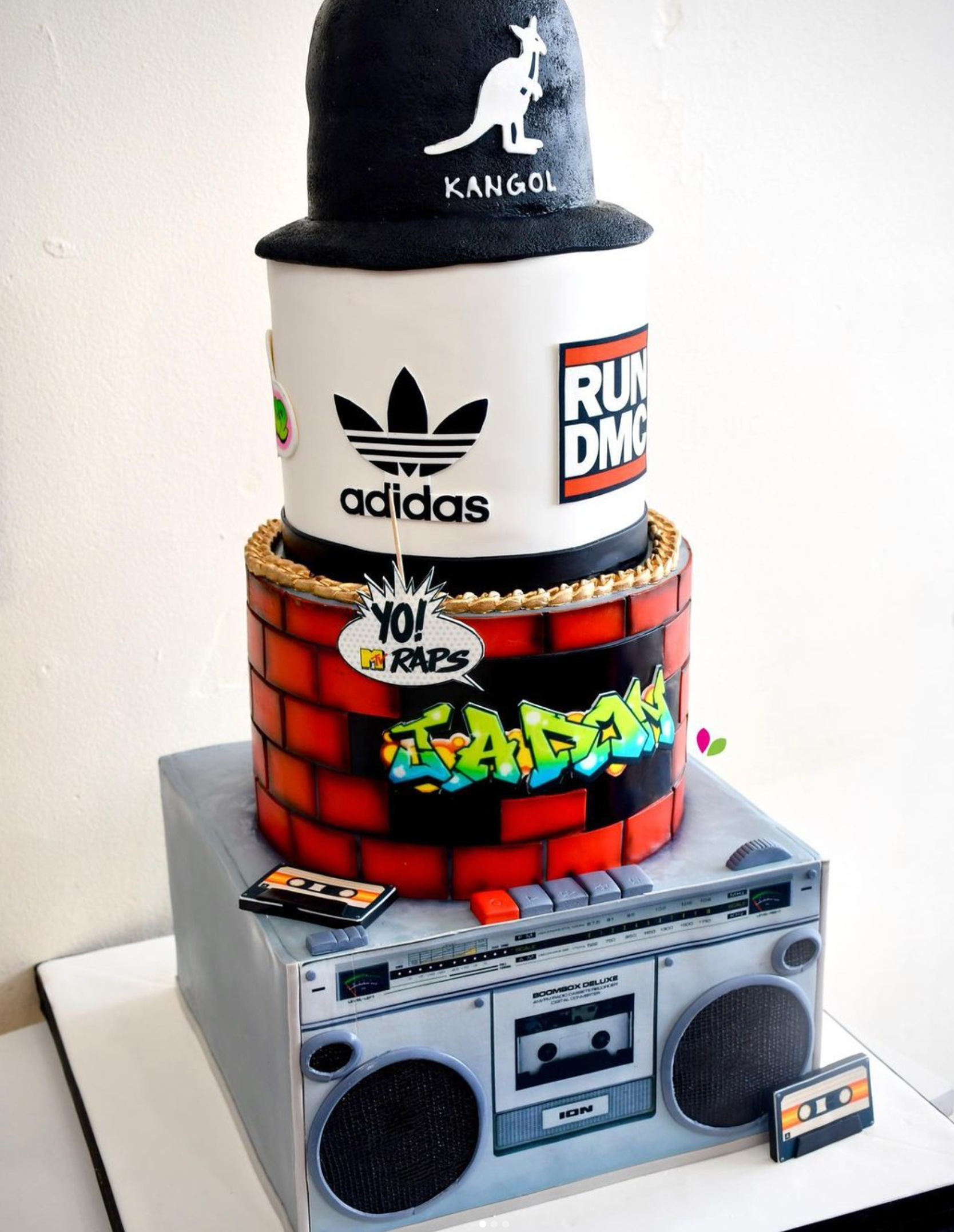 A cake that looks like a boombox and a kangaroos hat