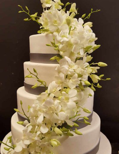 A wedding cake with white flowers and a gray ribbon