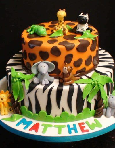A birthday cake for matthew with animals on it