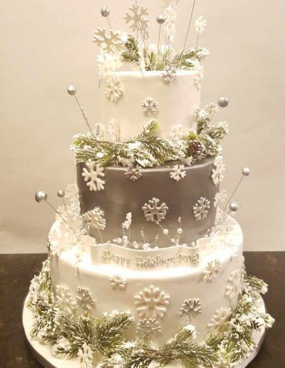A three tiered christmas cake decorated with snowflakes and pine cones