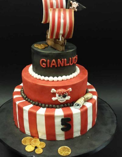 A pirate cake with the name gianluo on it