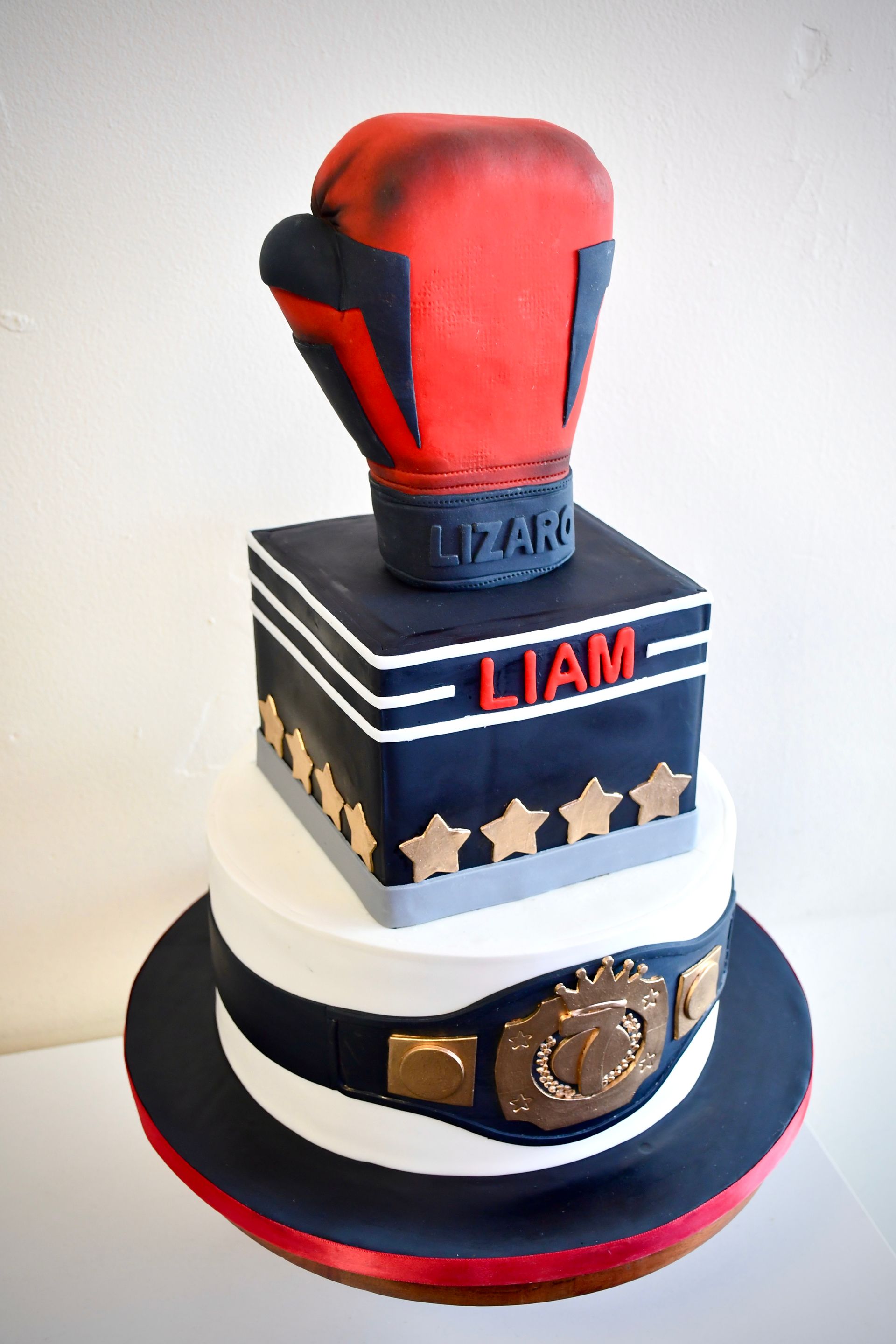 A cake with a boxing glove and a belt on top of it