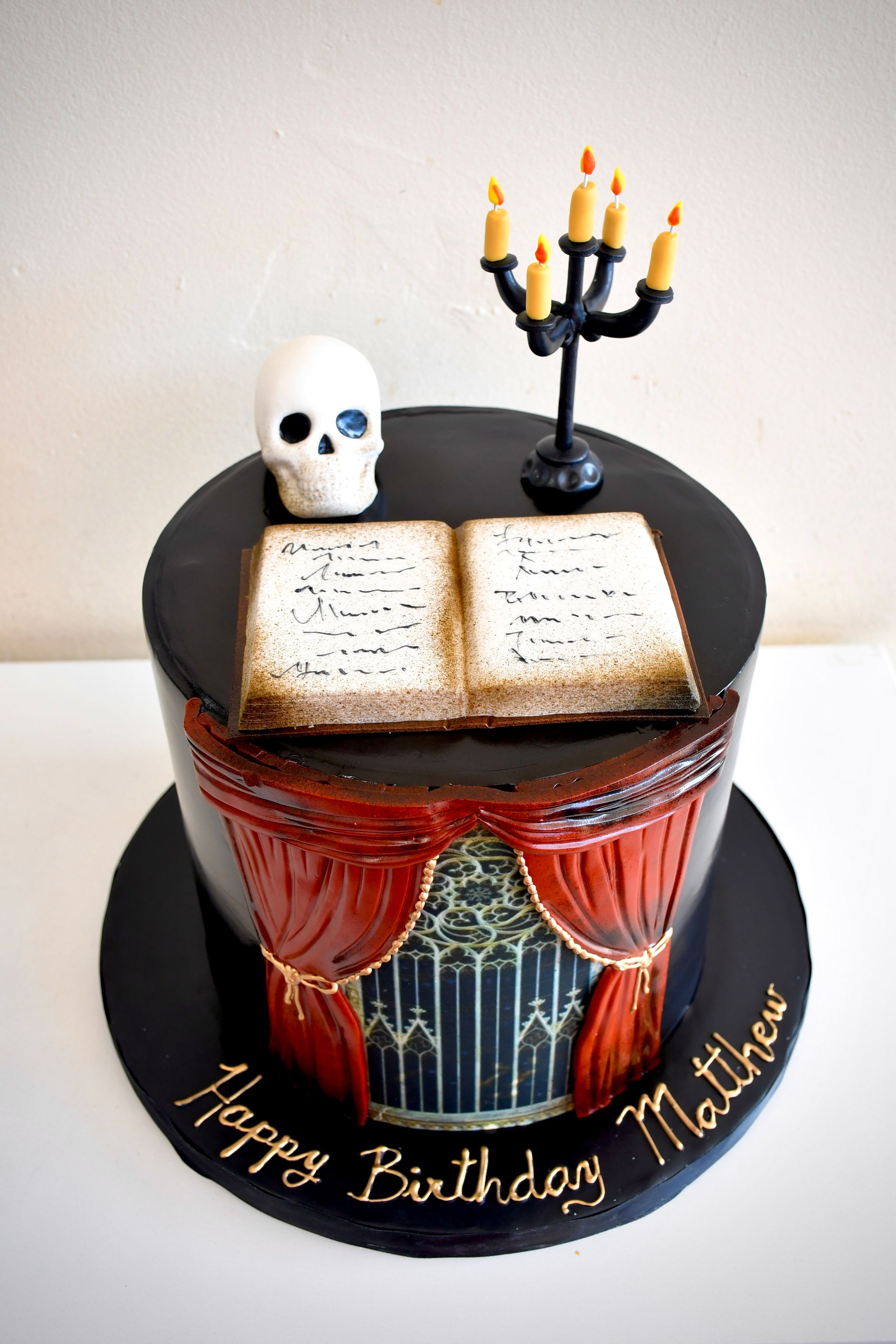 A birthday cake with a skull and candles on it