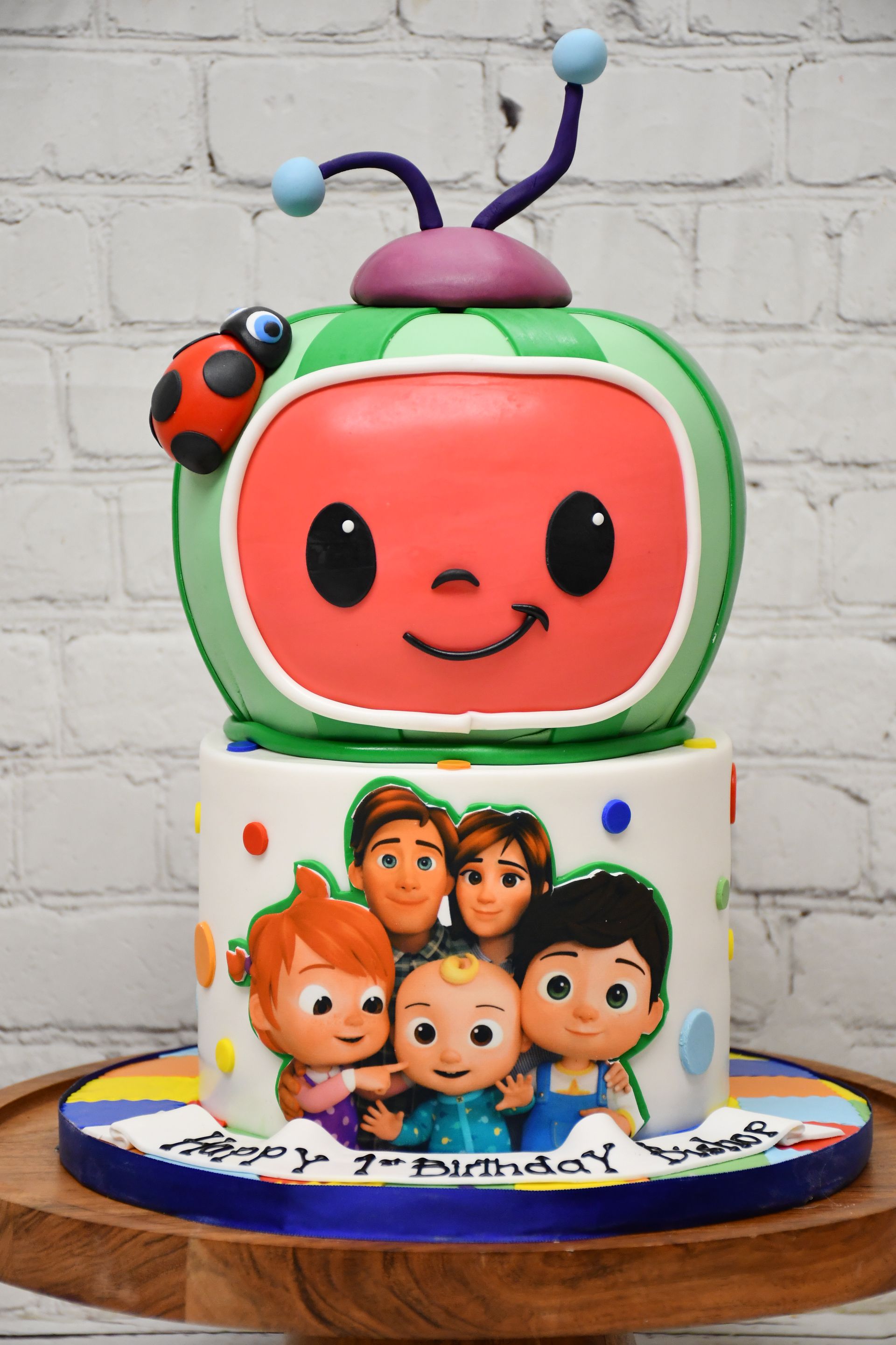 A cake that looks like a watermelon with a ladybug on top of it.