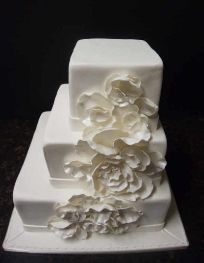 A white wedding cake with white flowers on it