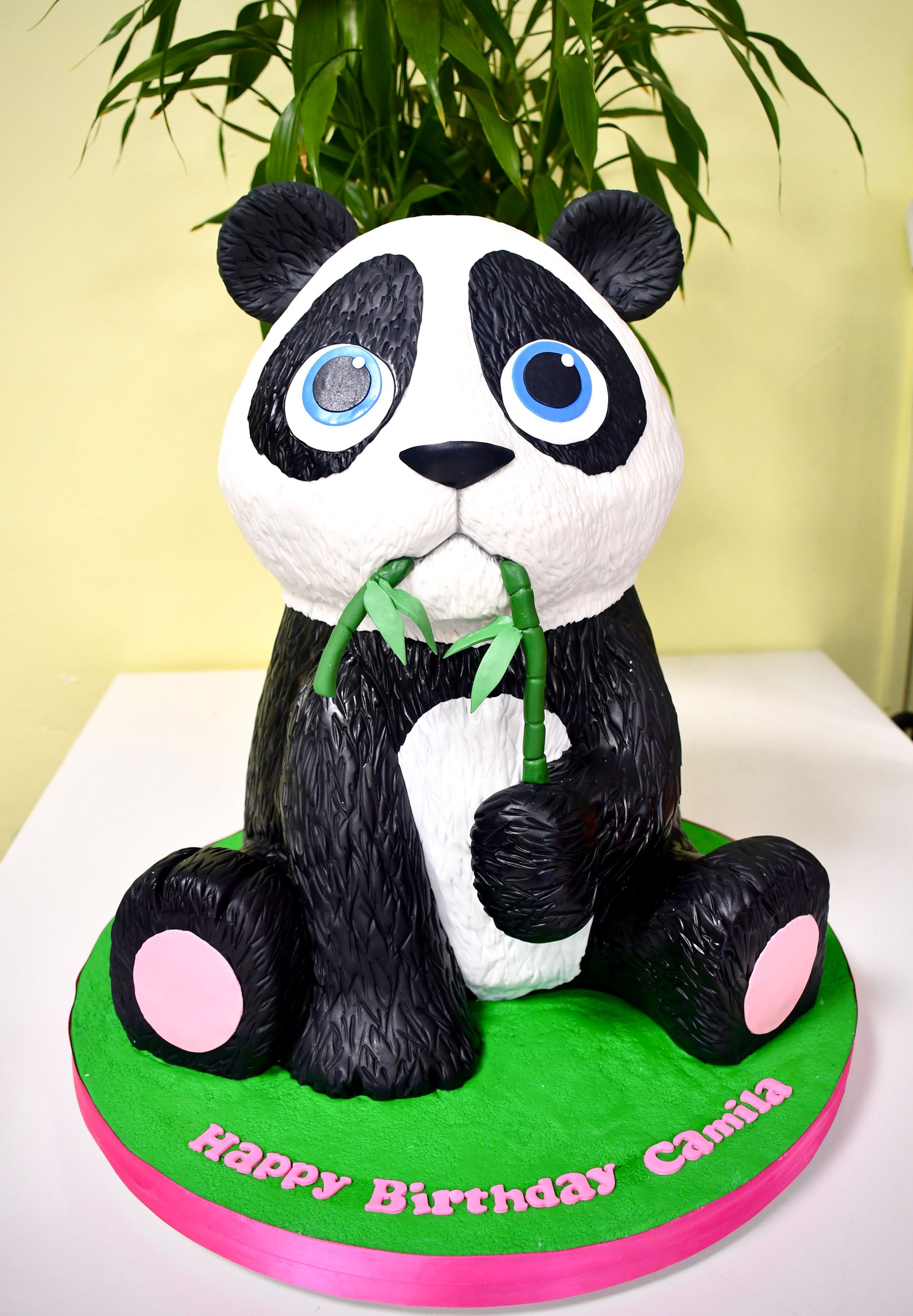 A birthday cake in the shape of a panda bear