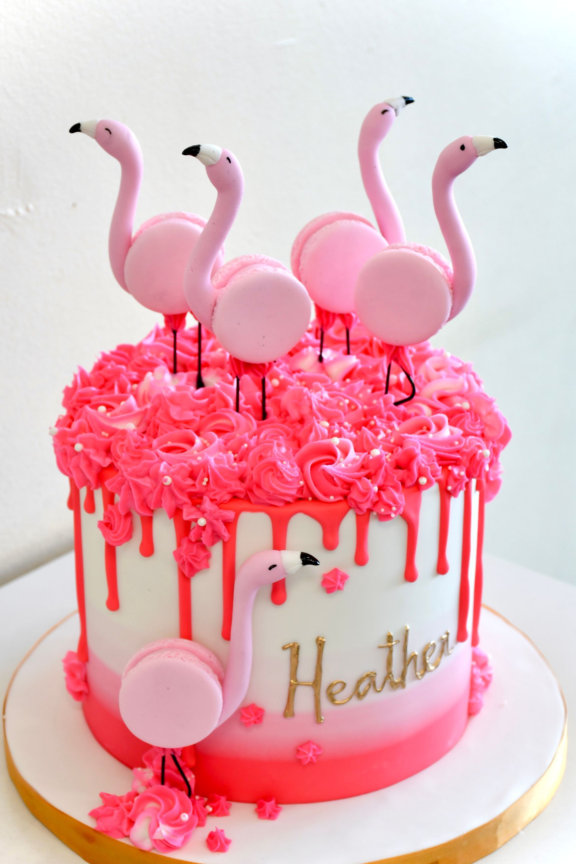 A cake with flamingos on top and the name heather on it