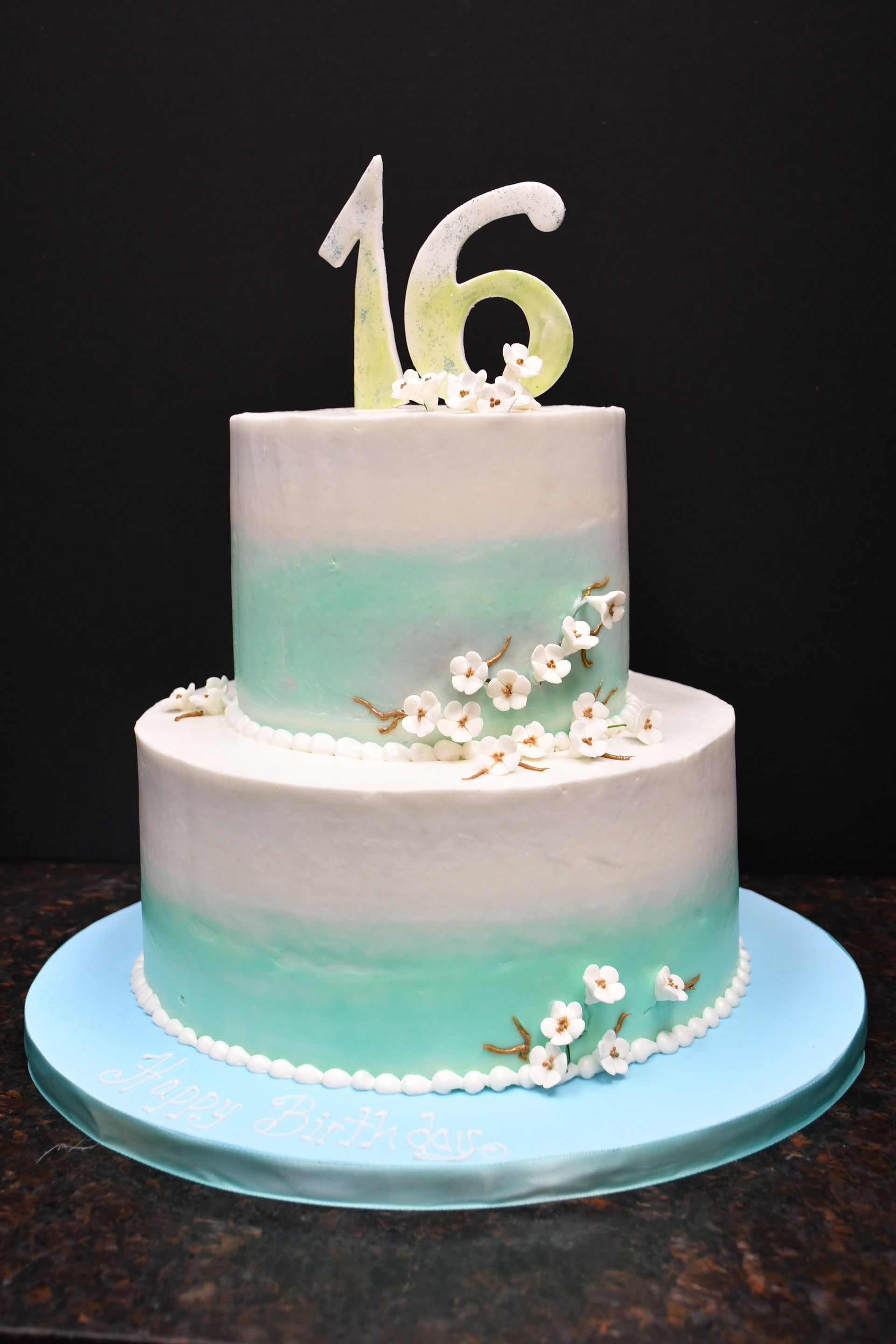 A blue and white cake with the number 16 on top of it.