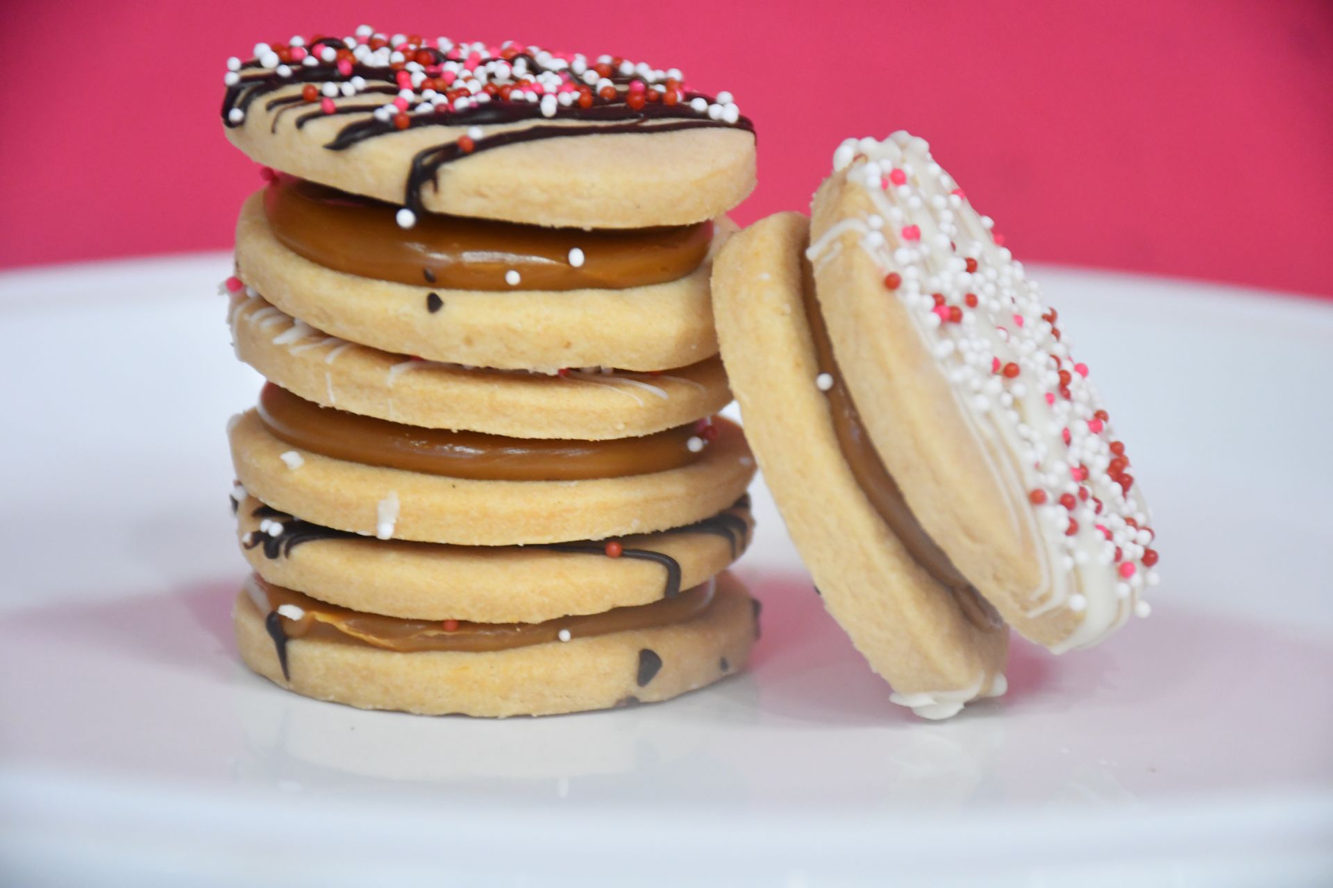 A stack of cookies with chocolate icing and sprinkles on a white plate