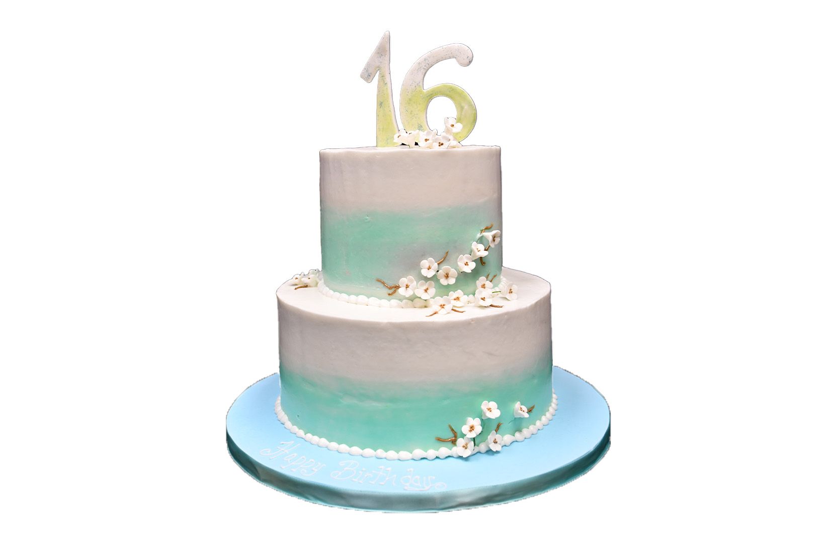 A two tiered cake with the number 16 on top of it.