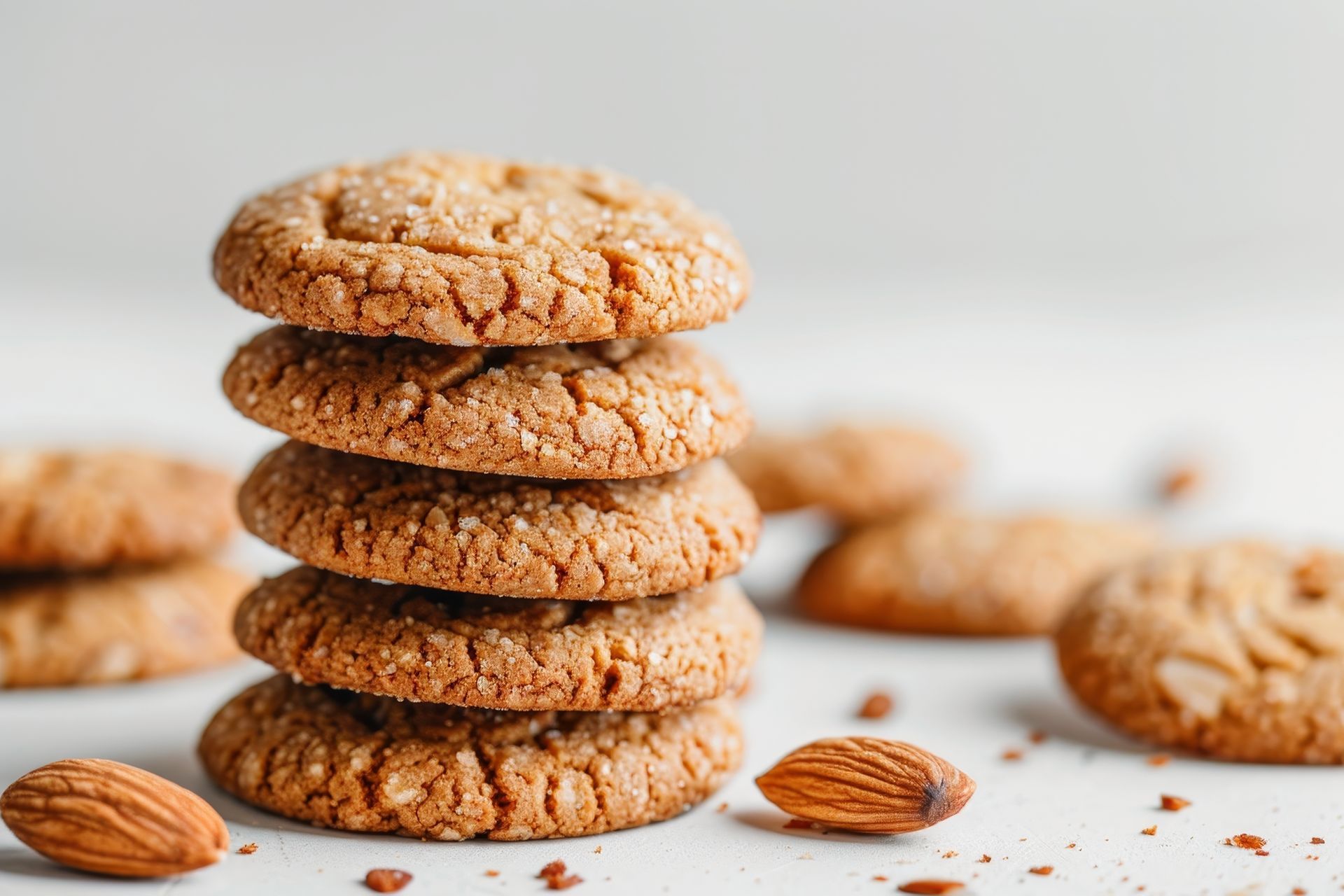 A stack of almond cookies sitting on top of each other on a table.