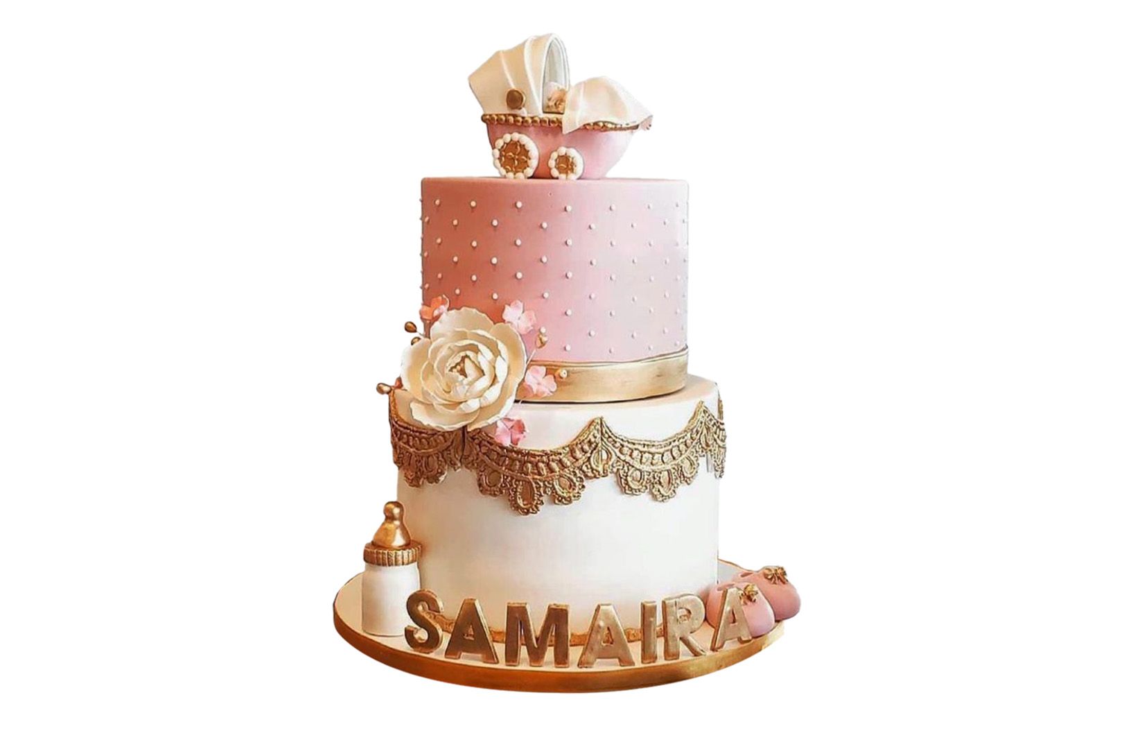 A pink and white baby shower cake with a stroller on top.