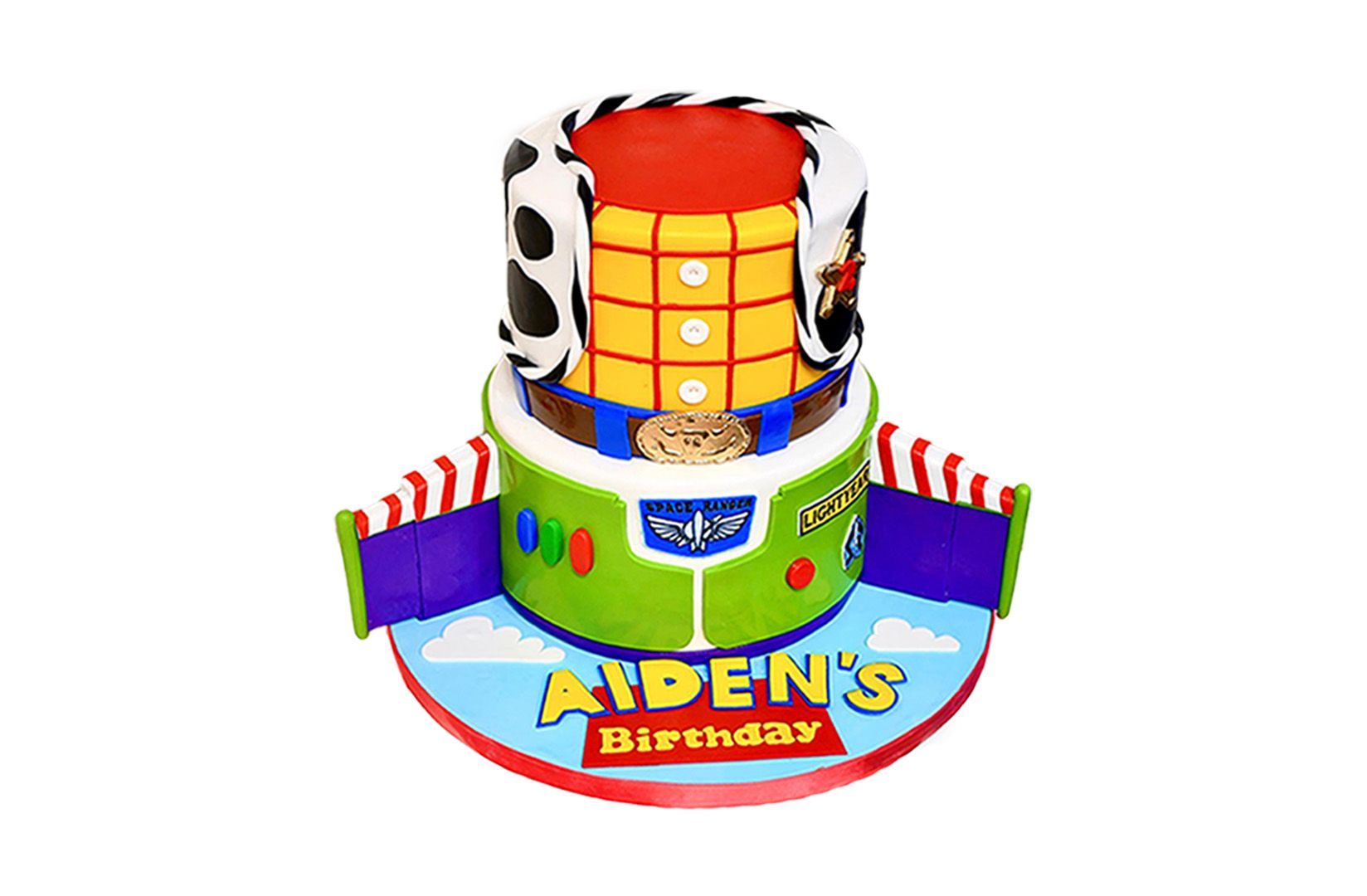 A toy story birthday cake for a boy with woody and buzz lightyear on it.