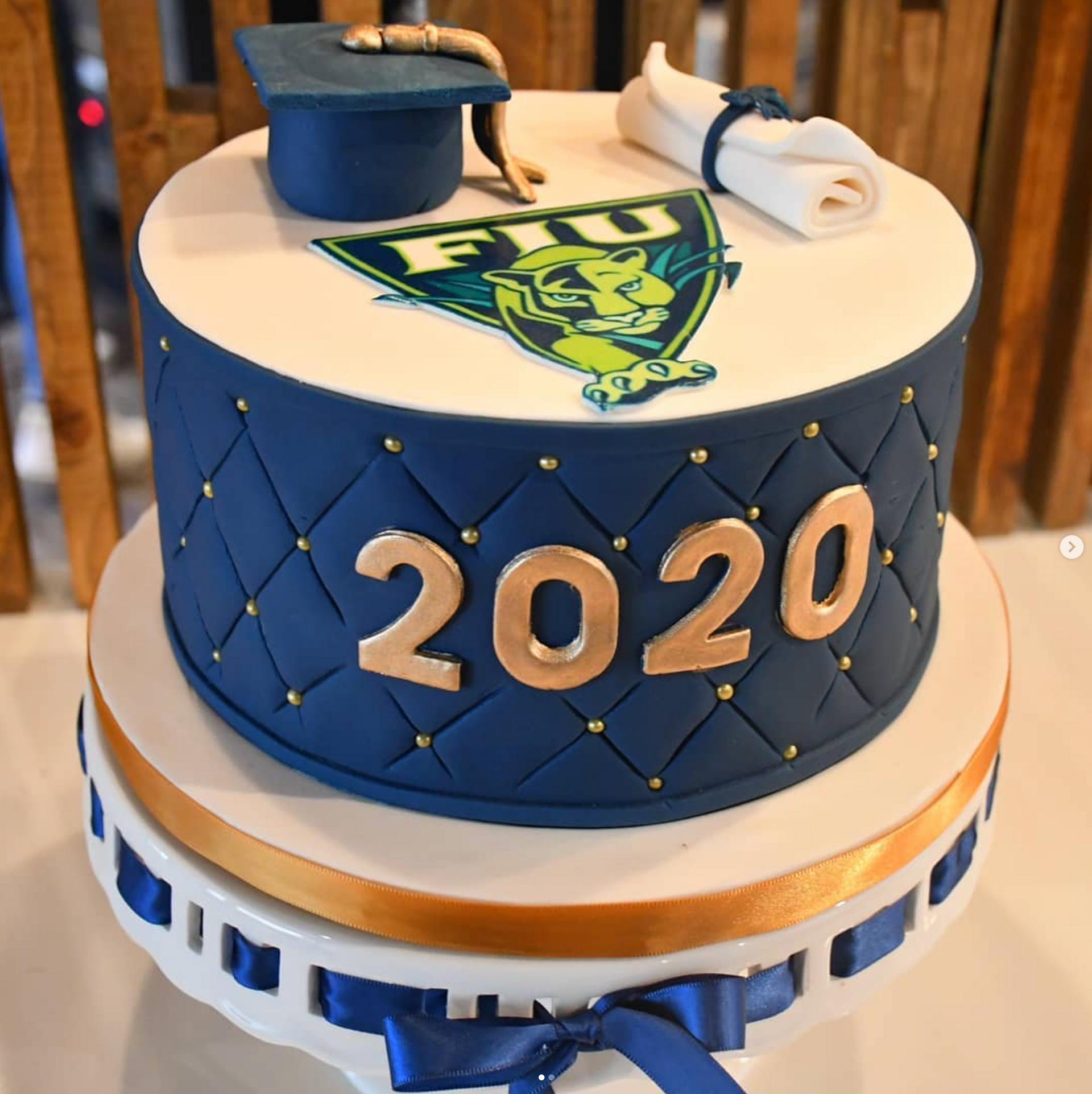 A blue and white cake with the year 2020 on it