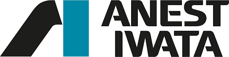Logo for ANEST IWATA, with a black, slanted shape, teal rectangle, and black text.