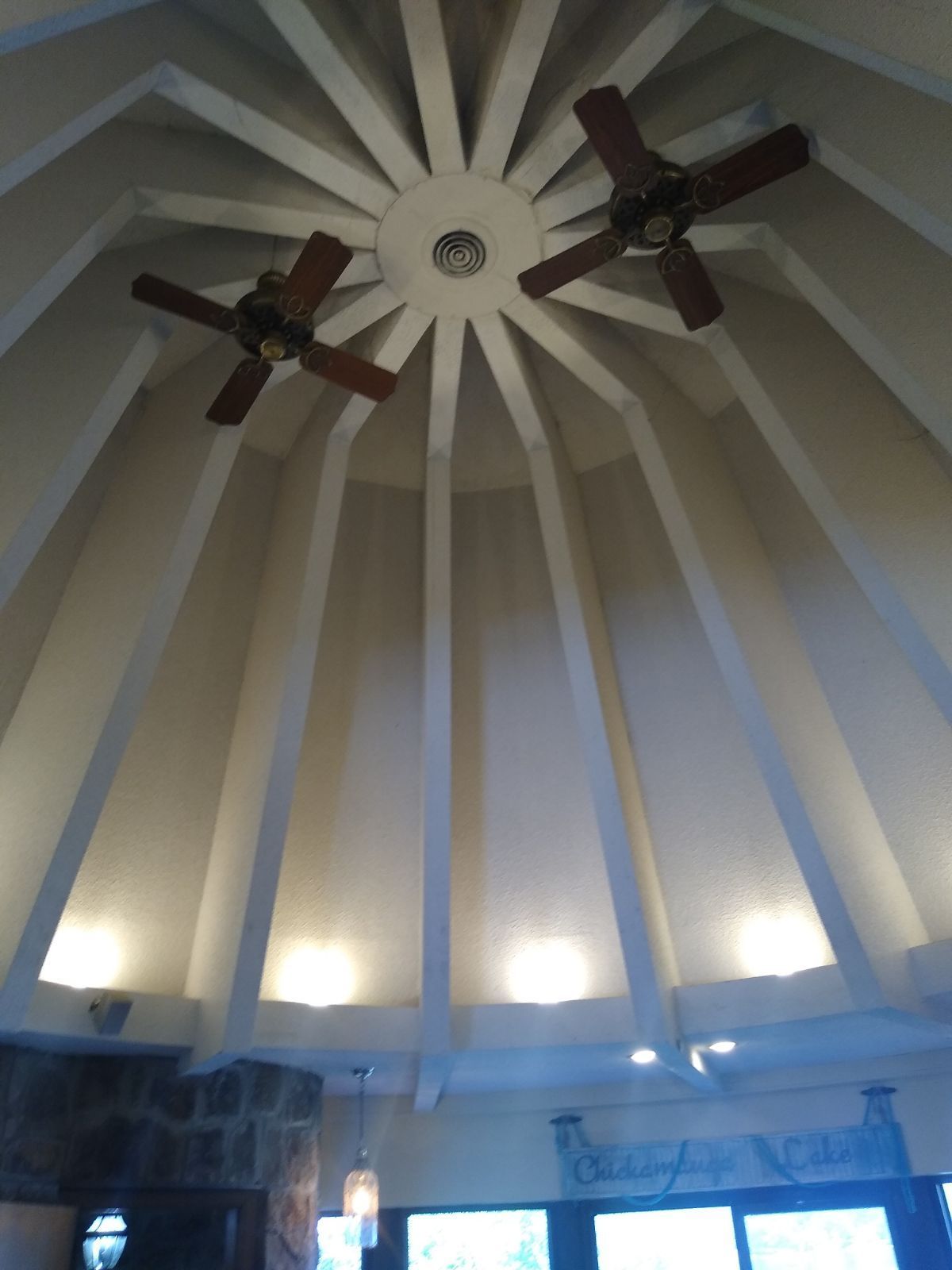 Two ceiling fans are hanging from a dome shaped ceiling