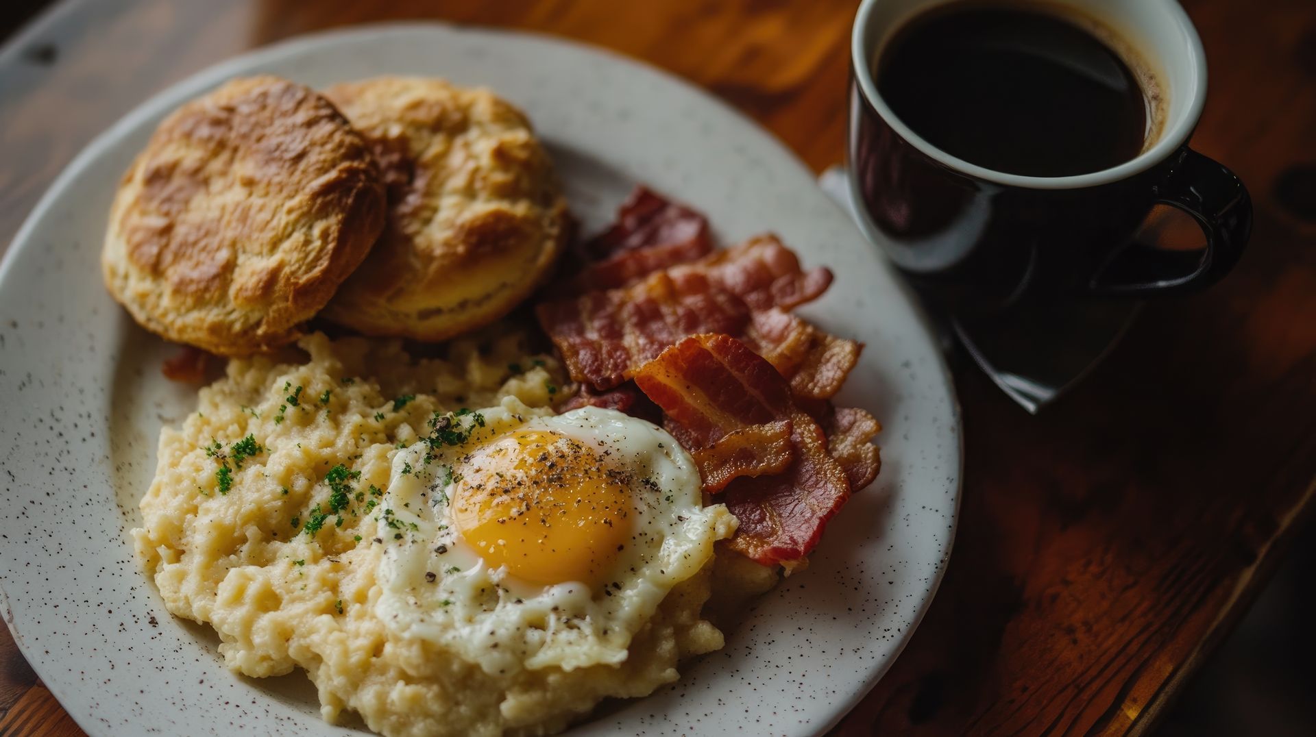 A plate of food with eggs , bacon , grits and biscuits next to a cup of coffee.