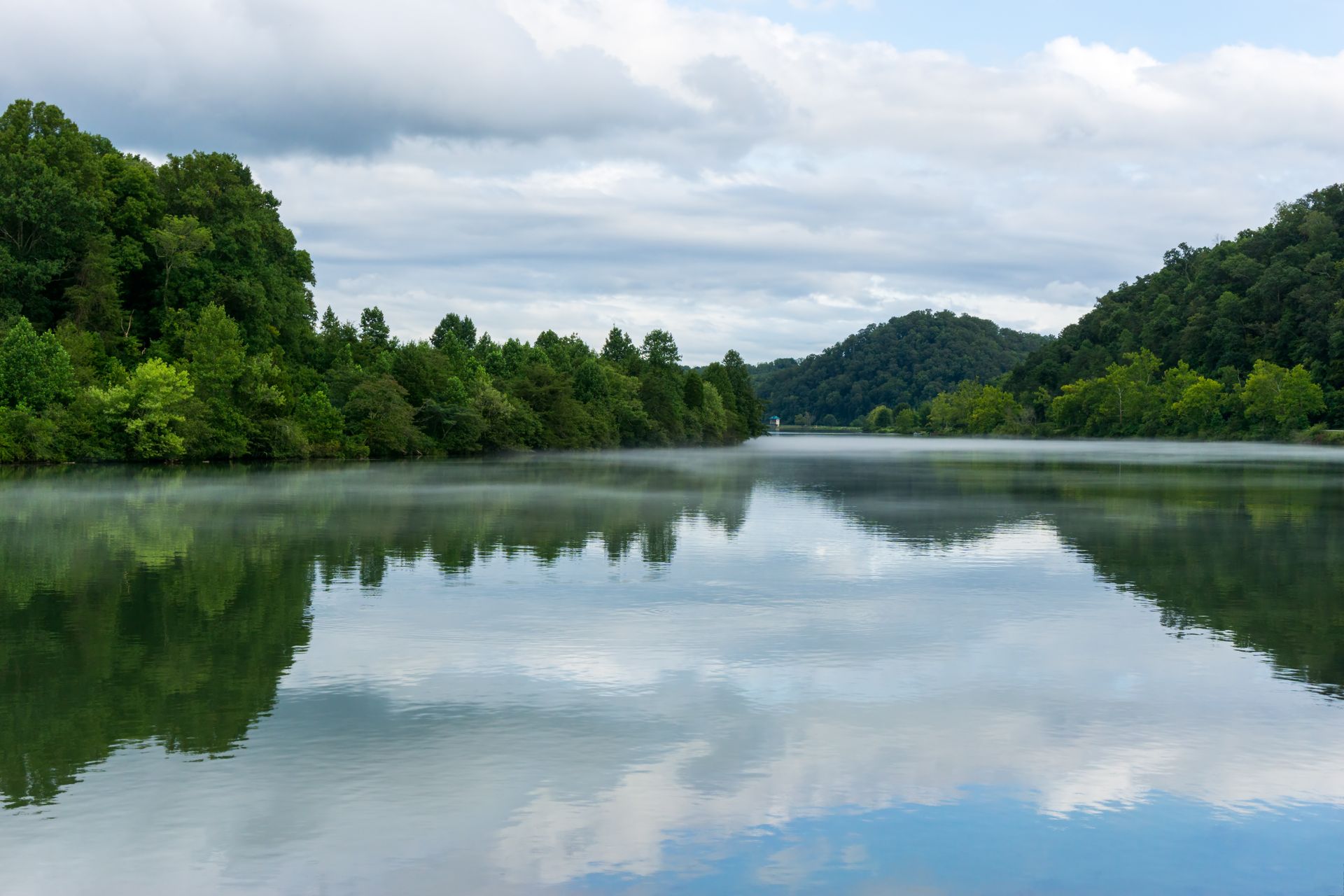 A large body of water surrounded by trees on a cloudy day.