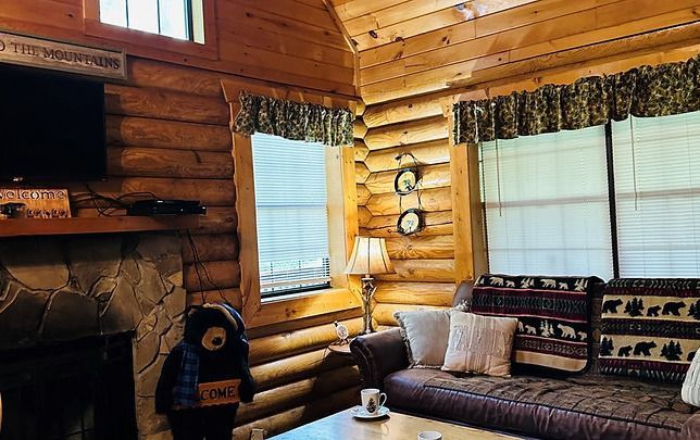 A living room in a log cabin with a couch , fireplace and television.