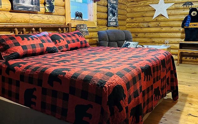 A bedroom in a log cabin with a king size bed and a star on the wall.