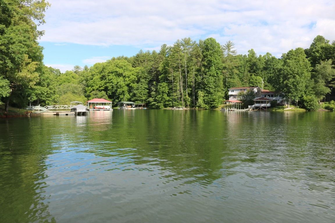 A lake surrounded by trees and houses on a sunny day.