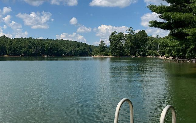 A view of a lake from a dock on a sunny day