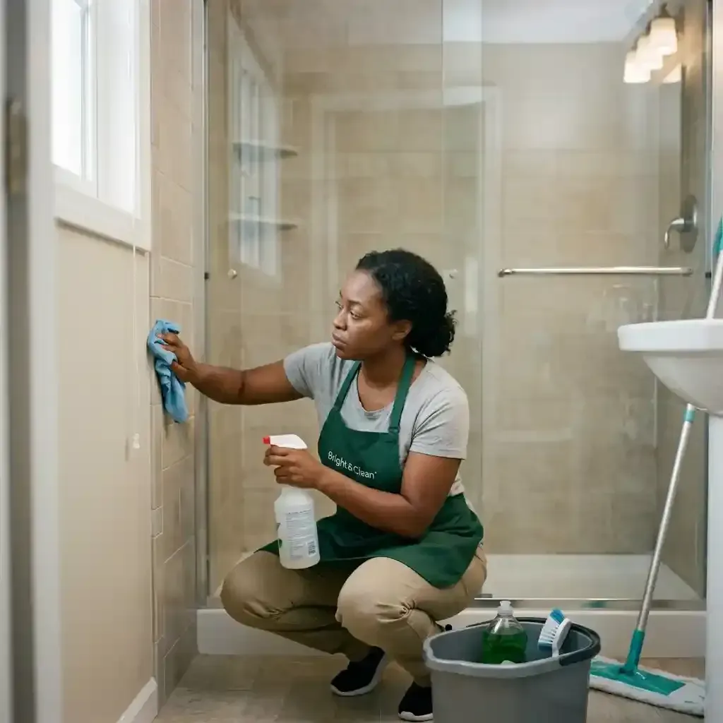 Illustration of Cleaning Pro maid servicing a customer bathroom
