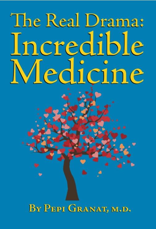 Book cover titled “The Real Drama: Incredible Medicine” with a tree of red heart-shaped leaves on a blue background