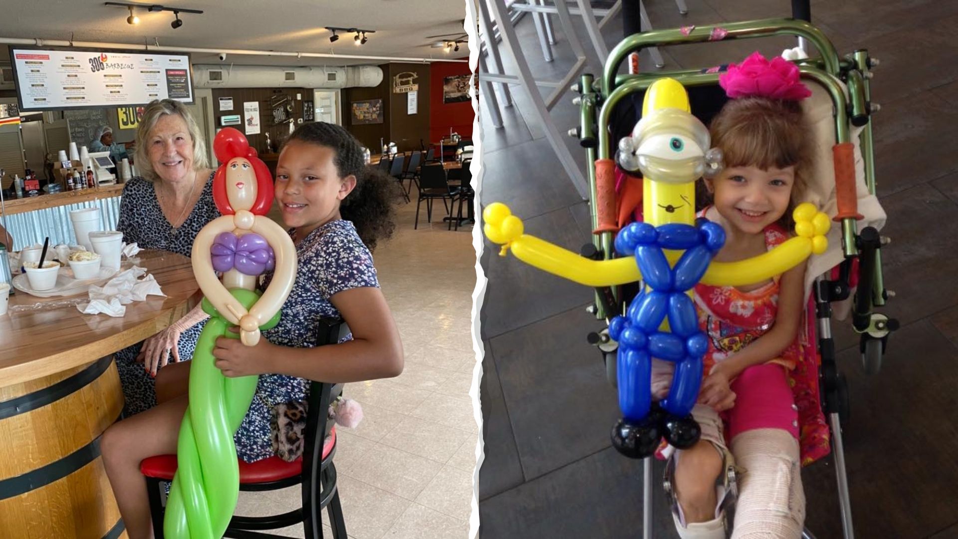 Two girls, one on a chair, holding balloon figures. One with Ariel, the other with a person-shaped balloon. Cafe setting.