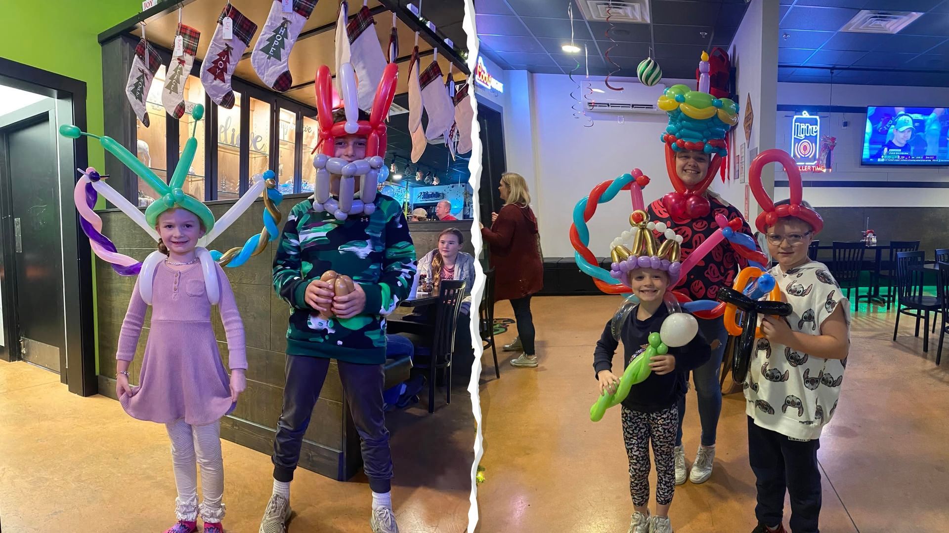 Children wearing colorful balloon hats indoors, smiling.