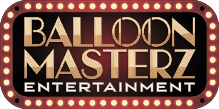 Logo for Balloon Masterz Entertainment: Blue text with orange accents, featuring balloon art.